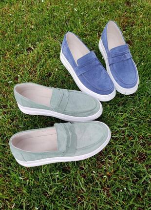 Женские лоферы, мятный, натуральная замша