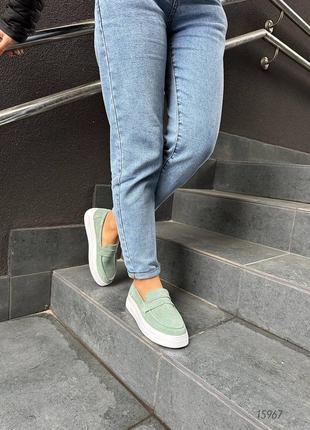 Женские лоферы, мятный, натуральная замша