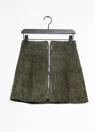 Замшевая юбка zara зеленая хаки мини натуральная кожаная на молнии1 фото