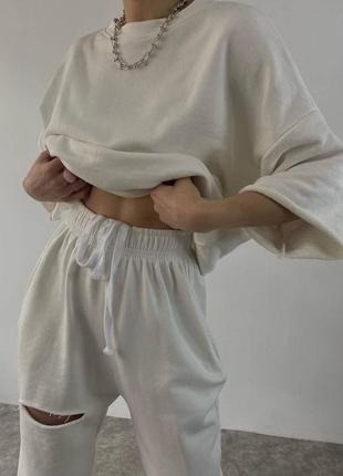Женский костюм спортивный повседневный оверсайз футболка и + джоггеры петля качественный модный стильный молочный белый3 фото