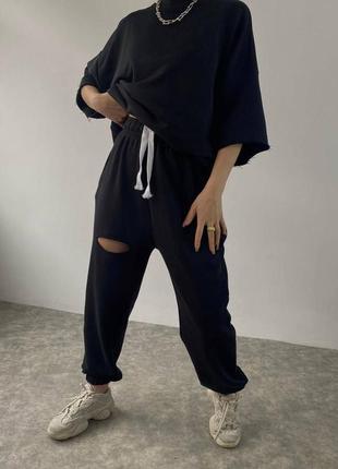 Женский костюм спортивный повседневный оверсайз футболка и + джоггеры петля качественный модный стильный черный
