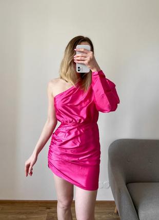 Вечернее розовое платье зефирка на один рукав4 фото
