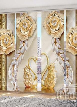 Японские фото шторы "золотые цветы с лебедями" - любой размер. читаем описание!