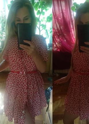 Red floral dress 100% вискоза - легкое платье-халат с меленьким белым принтом ♥