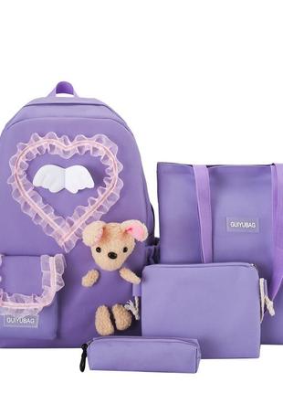 Рюкзак фиолетовый комплект 4в1 для города и школы с зайчиком, набор сумок / fs-1845,3
