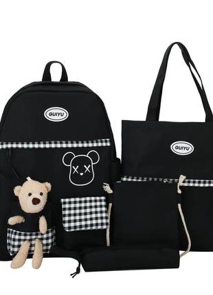 Рюкзак черный комплект 4в1 для города и школы с мишкой, набор сумок / fs-18432 фото