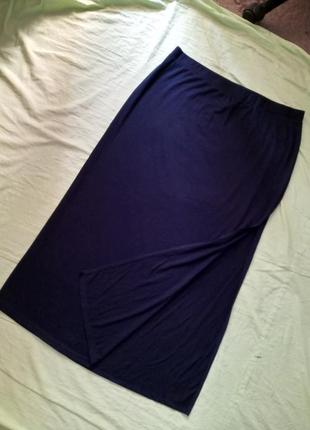 Летняя,трикотажная,стрейч,длинная,синяя юбка с разрезом,большого размера,jean pascale6 фото