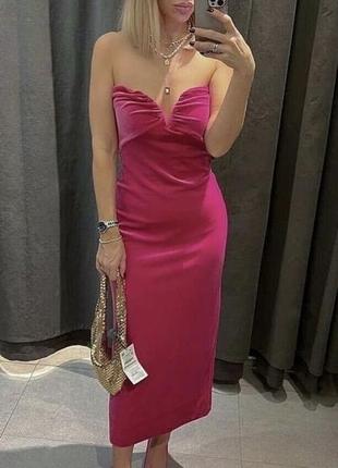 Рожева оксамитова сукня-міді zara кольору фуксії3 фото