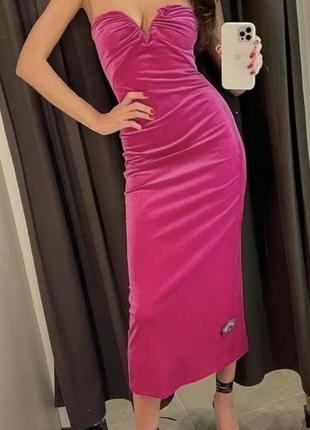 Рожева оксамитова сукня-міді zara кольору фуксії2 фото