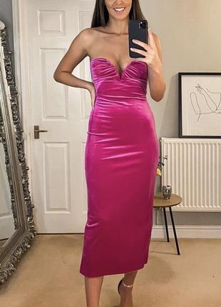 Рожева оксамитова сукня-міді zara кольору фуксії6 фото