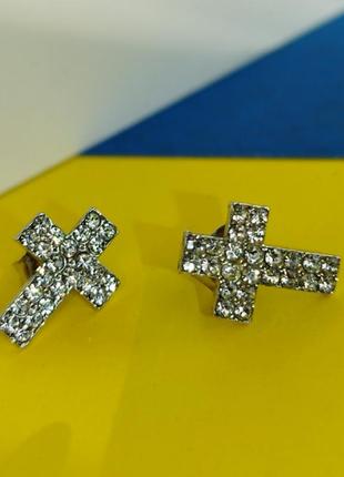 💎 "Срібні" сережки-хрестики з камінням сережки — хрест камені гвоздики