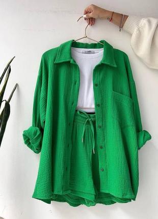 Женский костюм оверсайз летняя рубашка рубашка и + шорты из натуральной ткани летний качественный стильный модный зеленый бежевый
