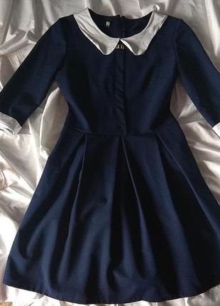 Темно-синее школьное платье, платье с воротником, деловое
