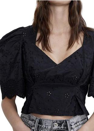 Топ zara с рельефным узором и рукавами-фонариками