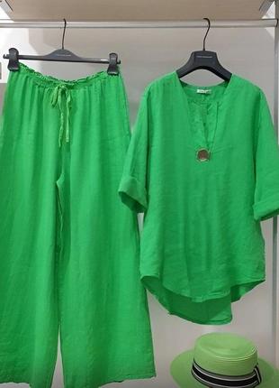 Женский костюм весенний летний рубашка и + штаны оверсайз стильный модный зеленый горчичный желтый1 фото