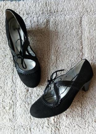 Кожаные туфли черные замш застежка по ножке бантик per una1 фото