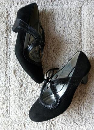 Кожаные туфли черные замш застежка по ножке бантик per una6 фото