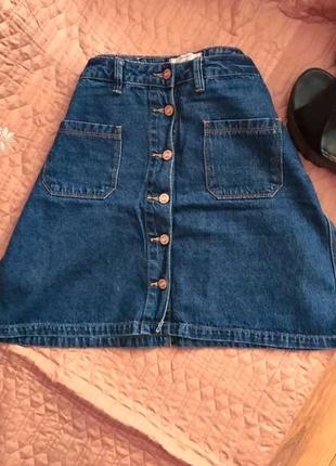 Джинсовая мини юбка на пуговицах синяя деним с карманами высокая посадка завышенная талия утяжка2 фото