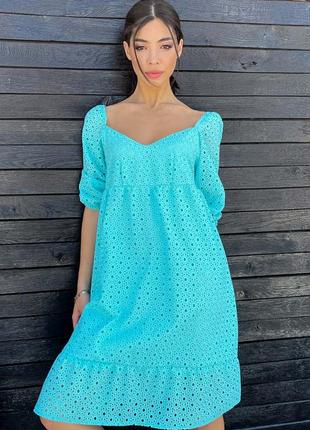 Женское свободное бирюзовое летнее платье из батиста6 фото