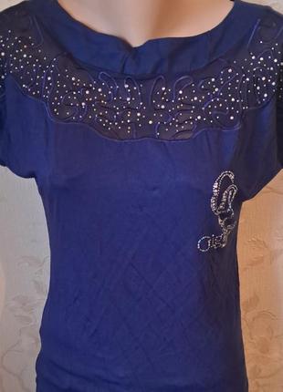 Жіноча футболка туреччина, футболка віскоза, футболка батал, синя футболка, блуза, блузка, літня футболка