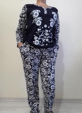 Пижама женская кофта и брюки трикотажная цветы размеры  52р1 фото