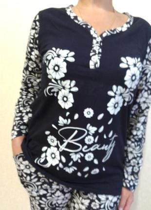 Пижама женская кофта и брюки трикотажная цветы размеры  52р6 фото