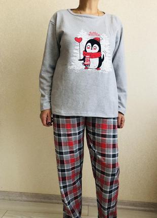 Женская новогодняя пижама серая байковая батал  пингвин 56/60р1 фото