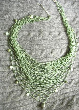 Легкое колье-косынка сетка в стиле бохо зеленая змеевик оникс