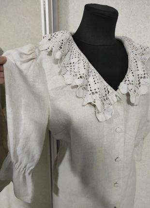 Винтаж рубашка льняная hess frackmann из льна с плетеным воротником рукава фонарики2 фото