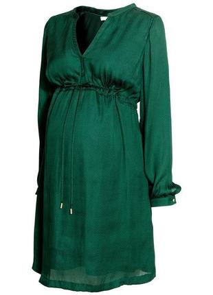 Зеленое изумрудное платье для беременных свободное легкое с вырезом декольте в горошек h&m