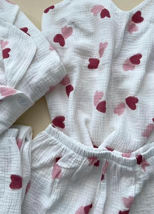 Пижама муслин сердечки белая майка шорты рубашка штаны коттон пижама муслин5 фото