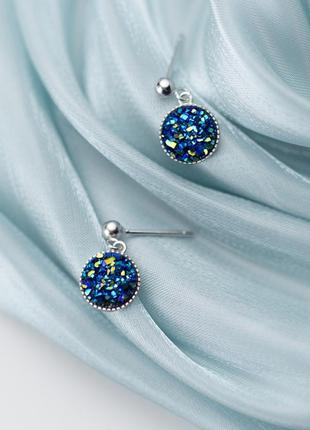 Сережки срібні космос з камінням, незвичайні темно-сині сережки зі срібла 925 проби, 15*9 мм