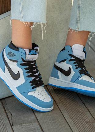 Мужские высокие кожаные кроссовки nike air jordan retro 1 white\bluet#найк