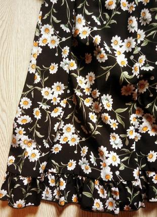 Черное длинное платье сарафан в пол шифон в цветочный принт рюшами длинный рукав8 фото