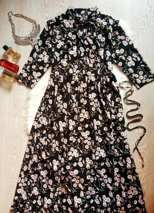 Черное длинное платье сарафан в пол шифон в цветочный принт рюшами длинный рукав
