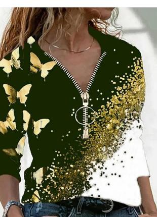 Жіночі кофтинка з v-подібним вирізом і блискавкою з принтом метелика футболка з довгим рукавом