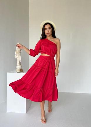 Платье миди женское красное софт с разрезом4 фото