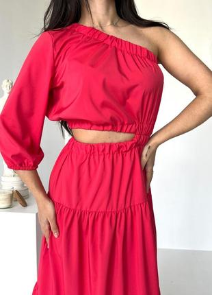 Платье миди женское красное софт с разрезом2 фото