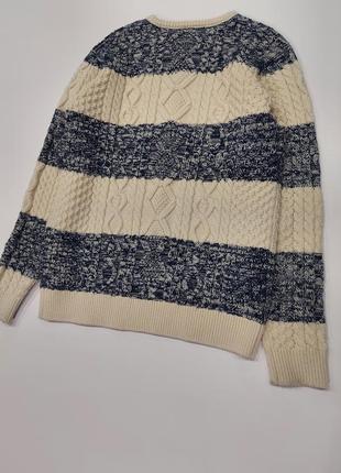 Свитер вязанный gedar wool state в крупные горизонтальные полосы  бежевый и синий меланж  с косами s5 фото