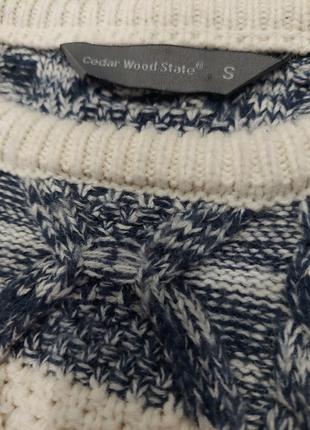 Свитер вязанный gedar wool state в крупные горизонтальные полосы  бежевый и синий меланж  с косами s7 фото