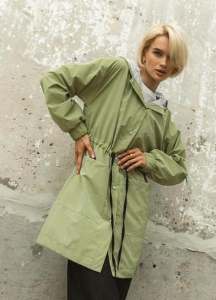 Куртка-парка женская длинная водонепроницаемая с капюшоном оливковая1 фото