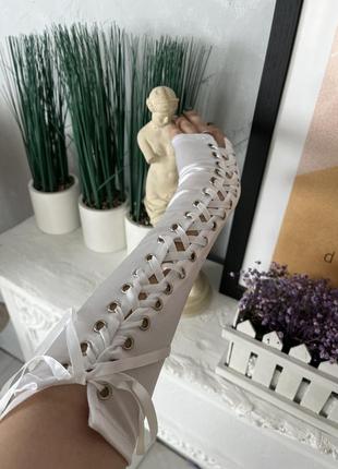 Перчатки длинные шнуровка белые, без пальцев, атласные, косплей, фотосессия,1 фото