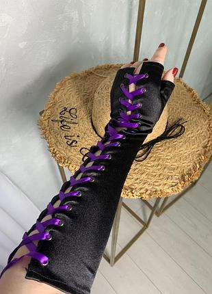 Перчатки длинные черные с фиолетовой шнуровкой, атласные без пальцев, косплей, аниме,...