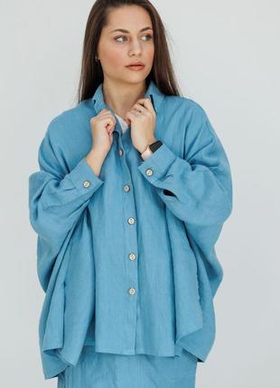 Льняная женская рубашка-пончо vil'ni салинас голубой1 фото