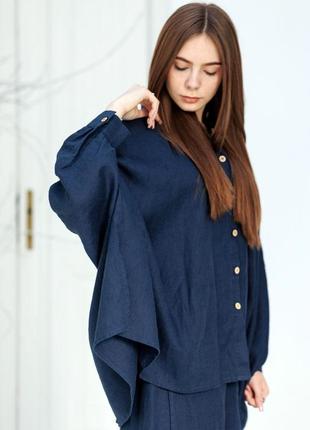 Льняная женская рубашка-пончо vil'ni салинас темно-синий6 фото