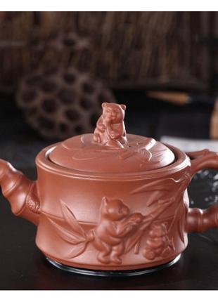 Чайник заварник чаю 350 мл бамбукова панда червоного кольору, заварювальний чайник глиняний1 фото