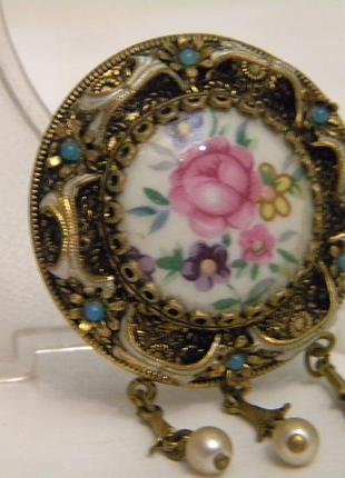 Брошь роза фарфор чешская бижутерия чехословакия яблонекс винтаж №828