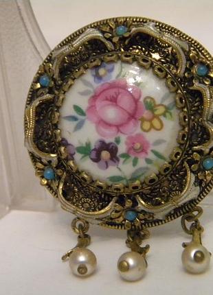 Брошь роза фарфор чешская бижутерия чехословакия яблонекс винтаж №828