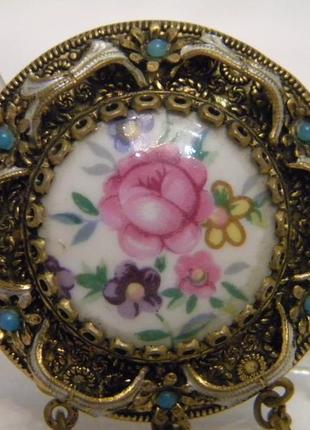 Брошь роза фарфор чешская бижутерия чехословакия яблонекс винтаж №828