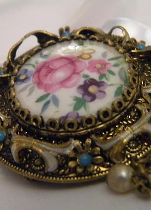 Брошь роза фарфор чешская бижутерия чехословакия яблонекс винтаж №828